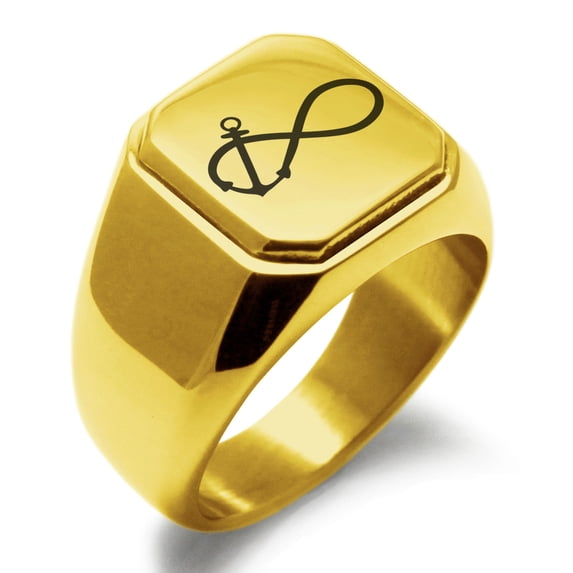 Stainless Steel Infinity Nautical Anchor Engraved Square Flat Top Biker Style Polished Ring