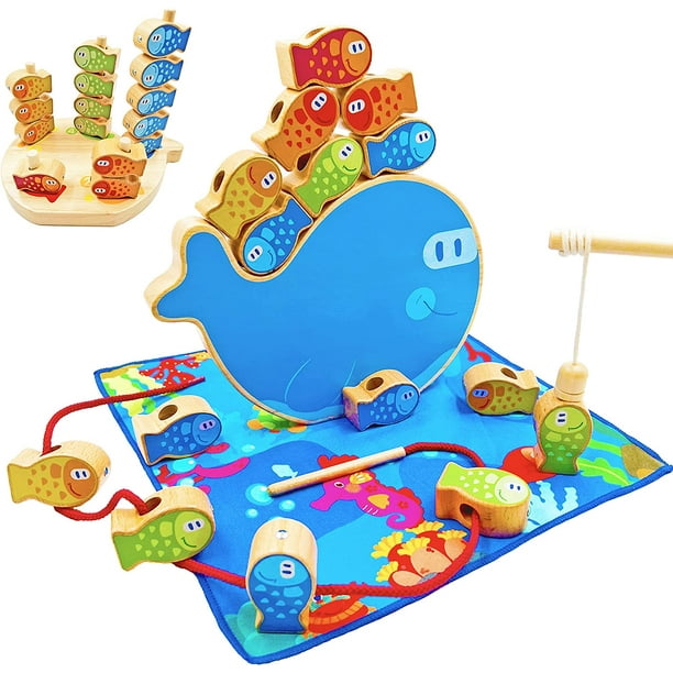 Montessori Toy 4-in-1 Magnetic Fishing Game Stacking Blocks Lacing