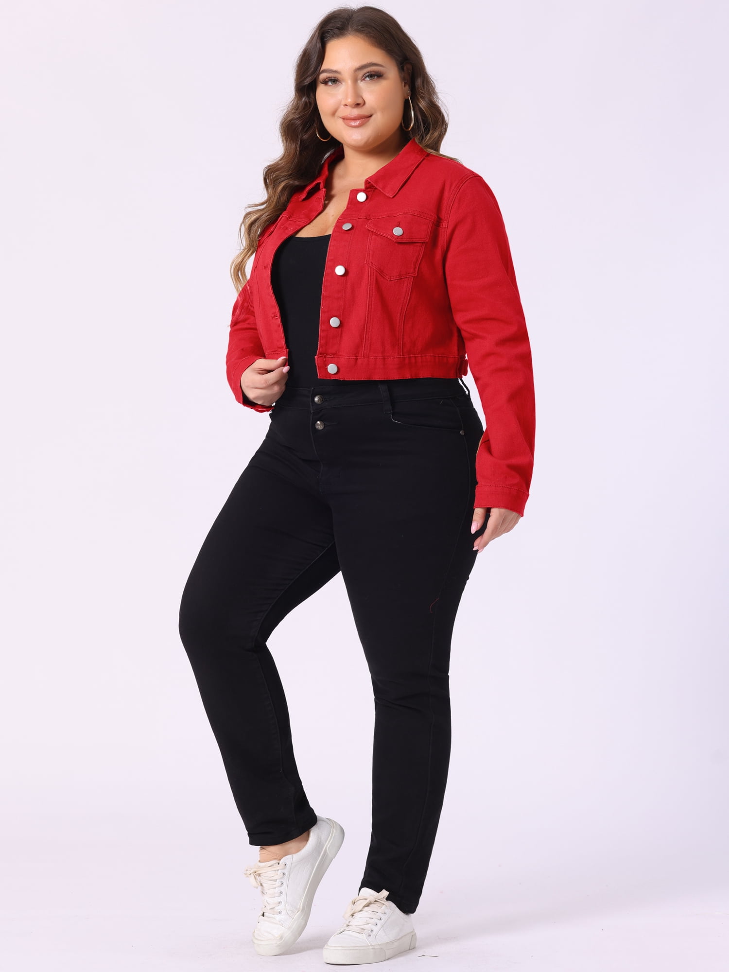 DARING DIVA Women's Plus Button Closed Cropped Denim Jacket 2X Red
