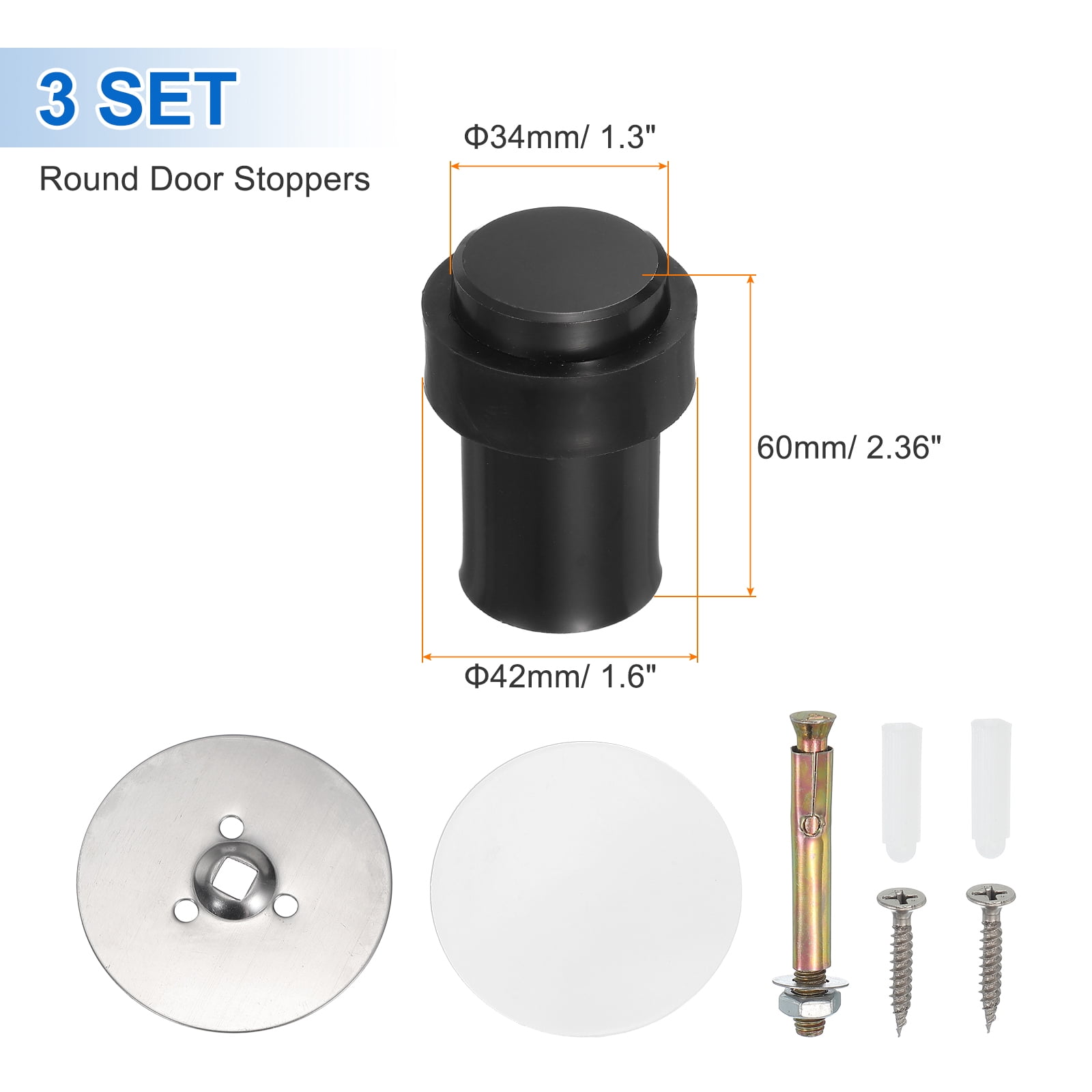 3Set Round Door Stoppers, 60mm Stainless Steel Door Stop Doorstop Wedge Metal Cylinder Self Adhesive with Screw for Bottom of Door Floor Inside, Black