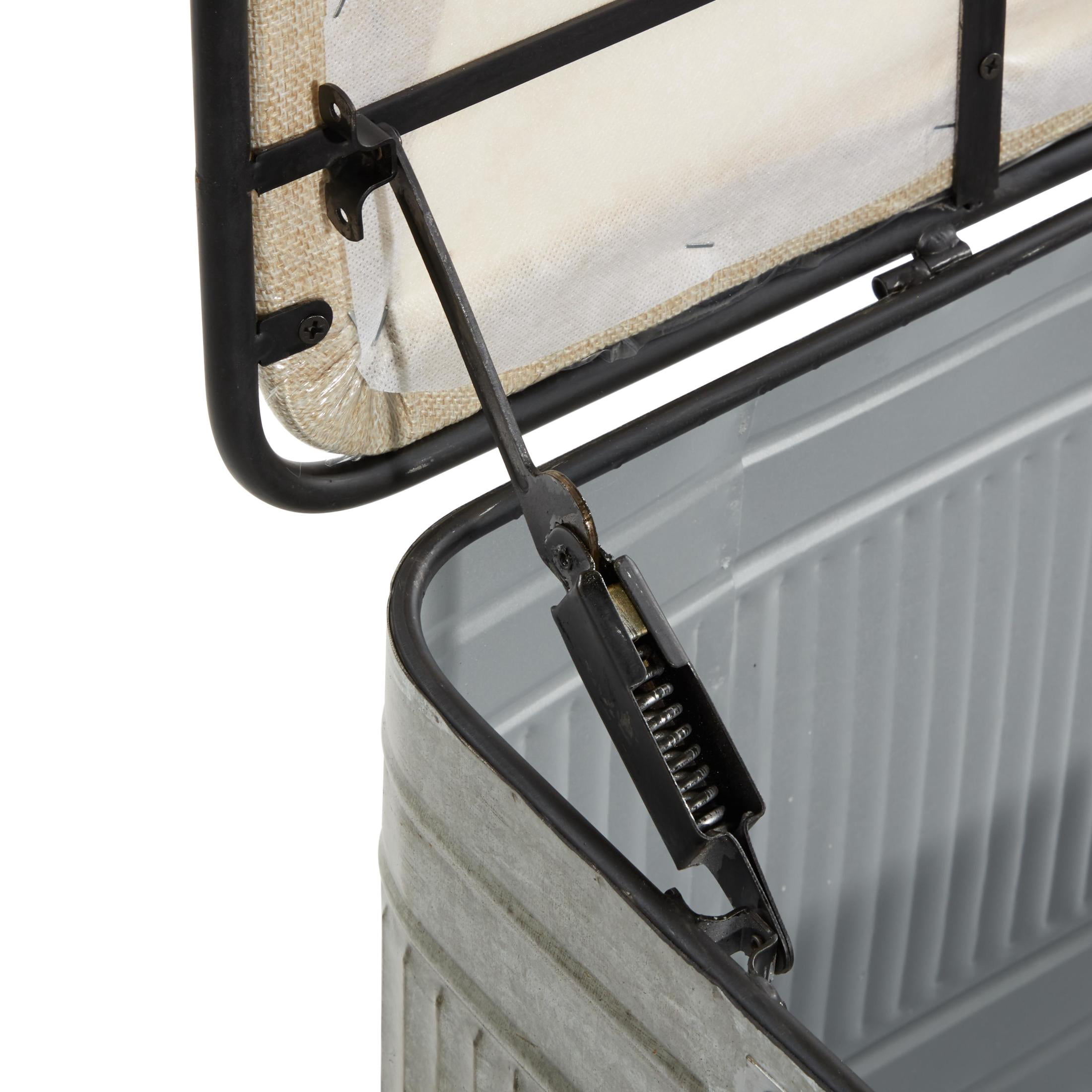DecMode Metal Galvanized Storage Bench with Cream Burlap Top and Black Latches, Gray