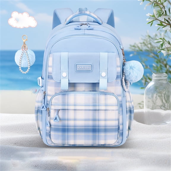 Aesthetic Plaid Pattern School Backpack for Students with Plush Charm Lightweight Multi-Pocket Daypack for High School College and Daily Commuting Blue