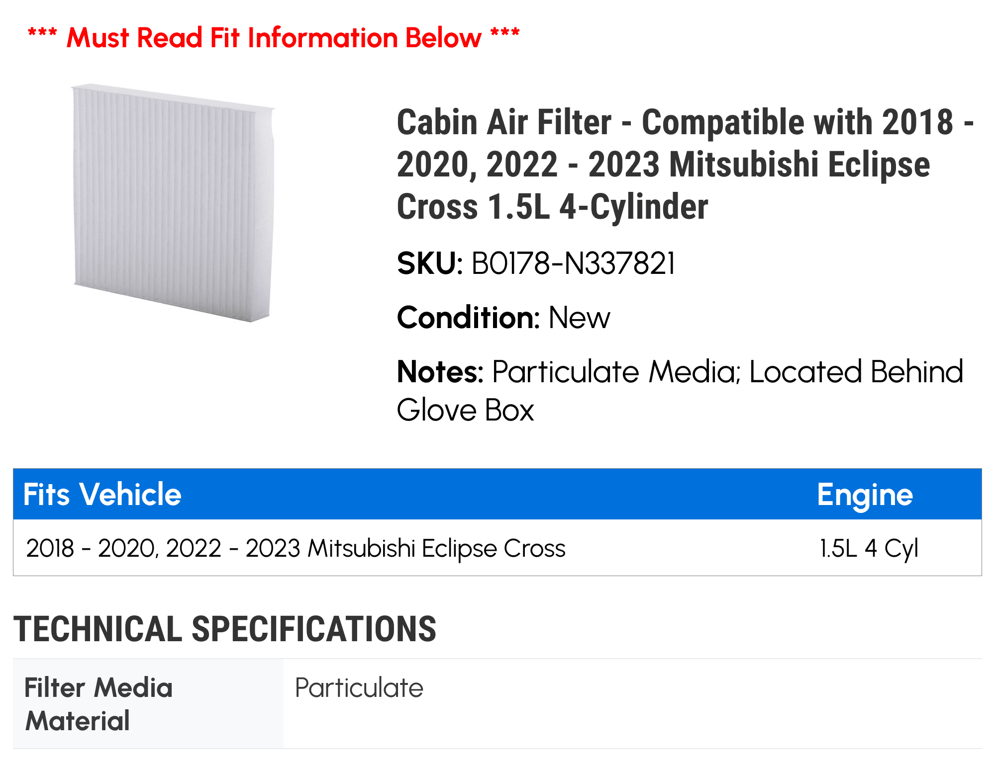 Cabin Air Filter - Compatible with 2018 - 2020, 2022 - 2023 Mitsubishi Eclipse Cross 1.5L 4-Cylinder 2019
