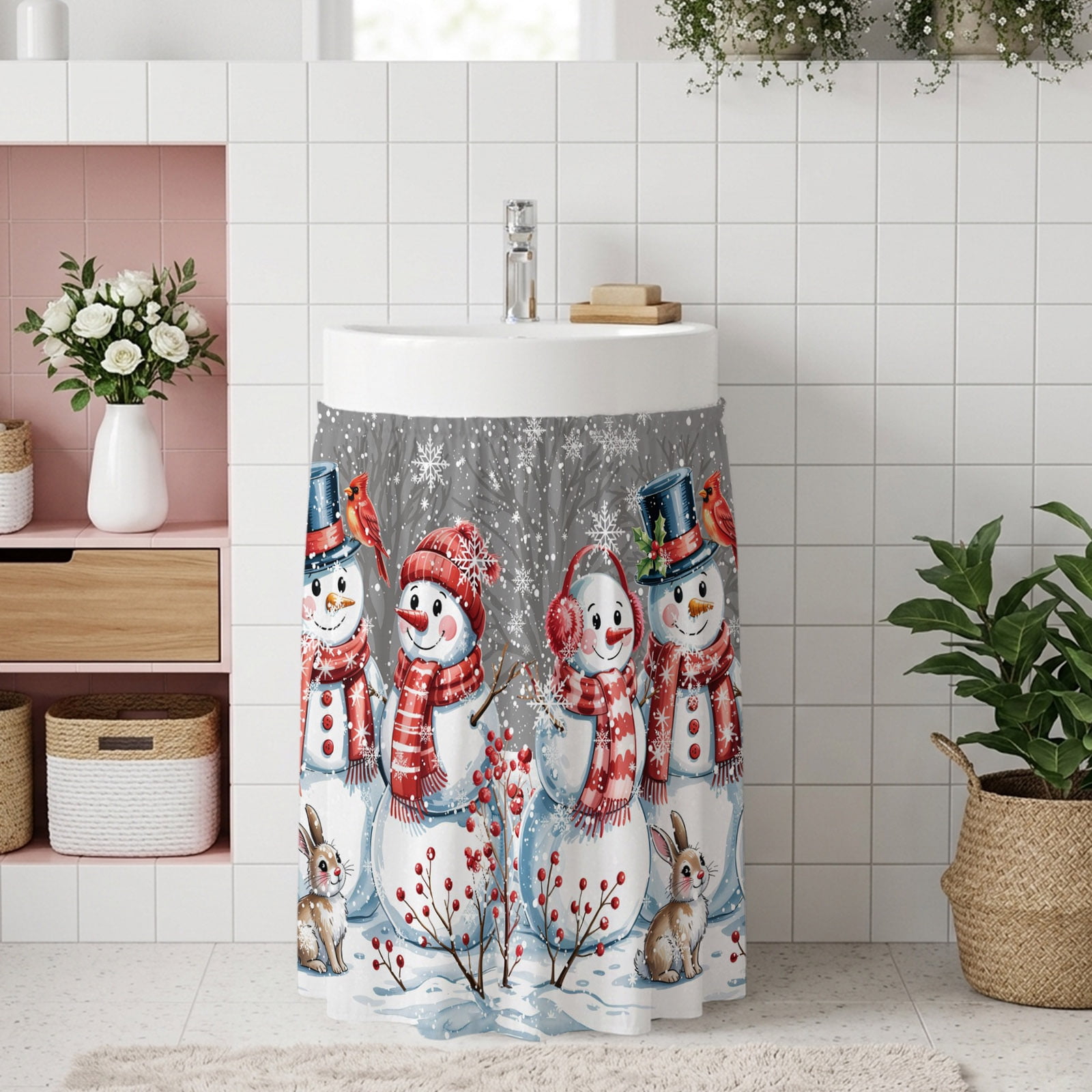 Christmas Snowman Small Cabinet Curtains 11 W x 13 L Winter Xmas Snowflakes Cardinal Grey Sink Skirt Dust-Proof Short Curtain for Bathroom Vanity Storage Cubby Desk Self Adhesive Privacy Drapes
