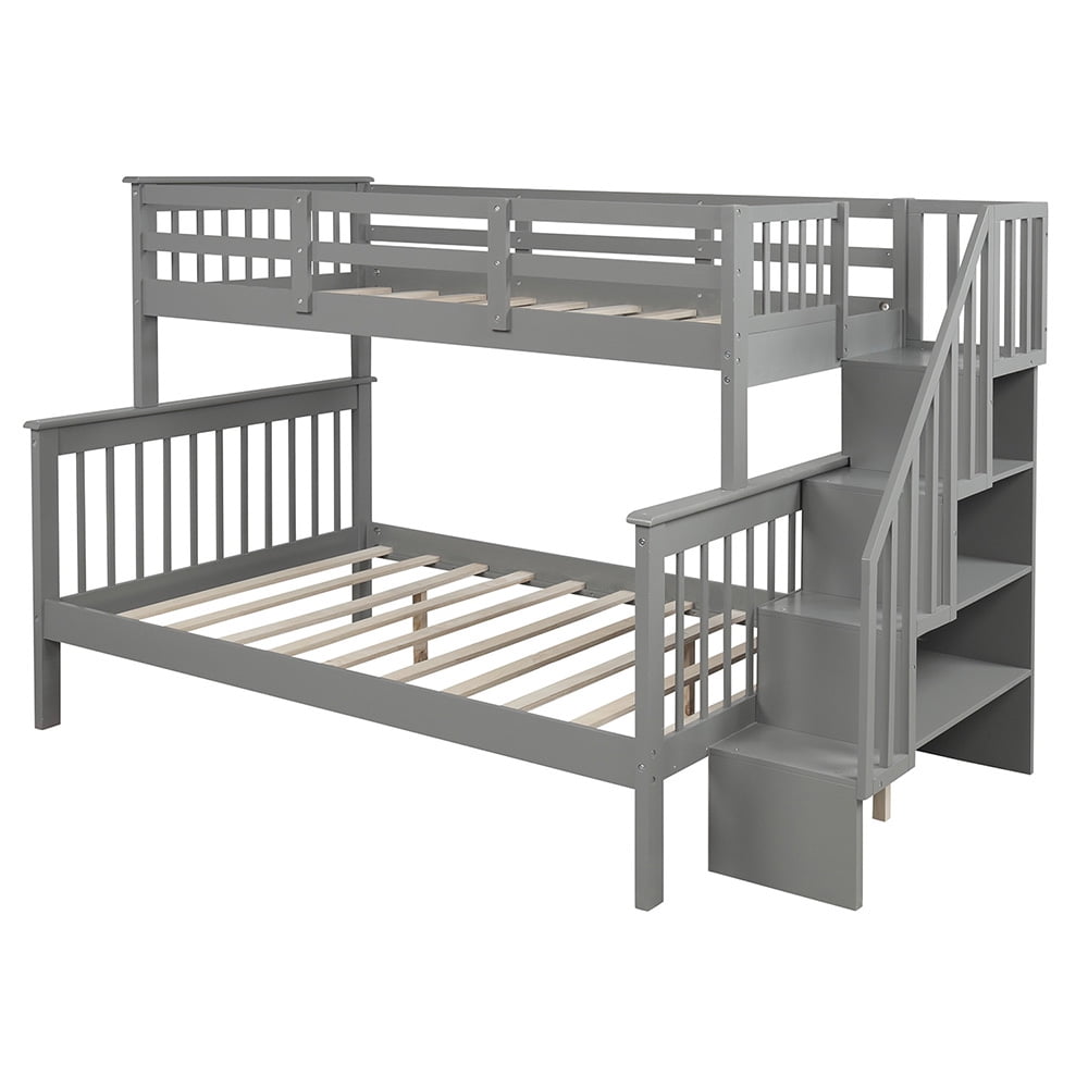 Private Jungle Twin Full Bunk Beds with Storage and Guard Rail, Solid Wood Bunk Bed for Bedroom, Gray
