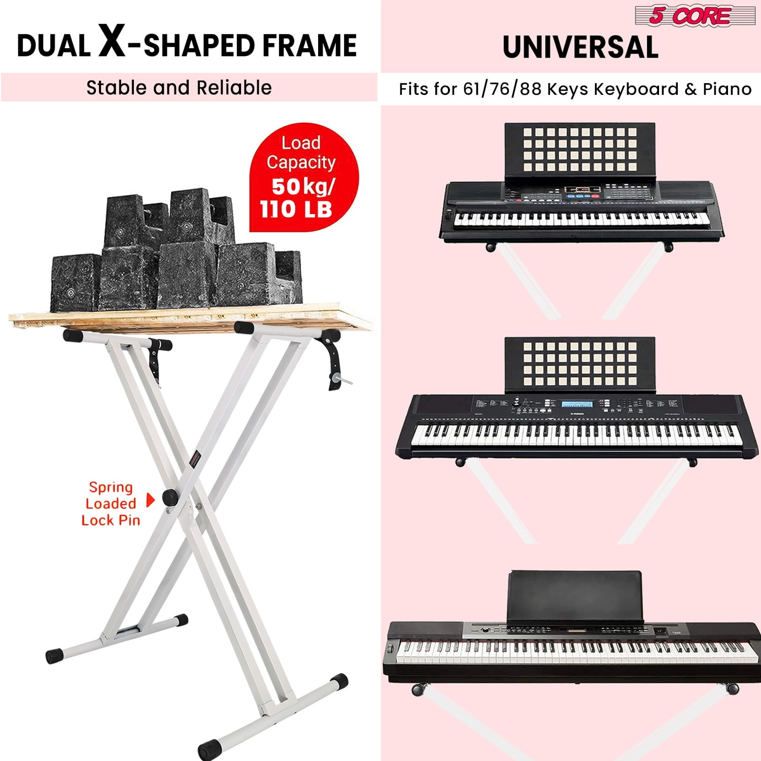 Piano Keyboard Stand Double X Style Heavy Duty Adjustable Digital Electric Piano Riser Durable & Sturdy Music Synthesizer Holder Stands For 61 76 88 Keys w Secure Locking Strap - KS 2X
