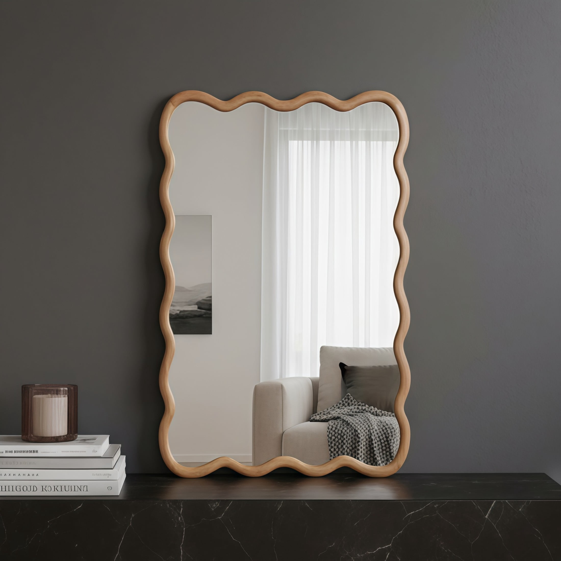 Noble House 20"x30" Wavy Rectangle Wall Mirror, Solid Wood Decorative Vanity Mirror, Natural