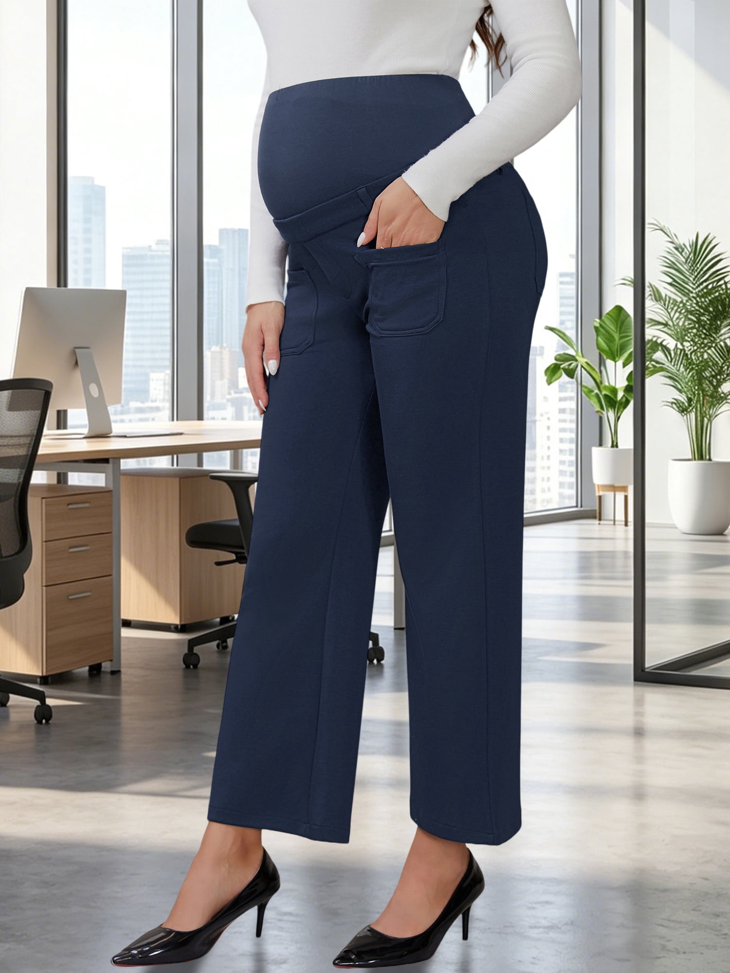 DARING DIVA Women's Maternity Pants Straight Leg Over the Belly Office Trousers M Blue