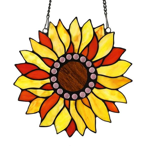 Vinplus Sunflower Stained Glass Window Hangings Suncatcher for Window,Handmade Tiffany Glass Crafts Gifts for Family and Friends
