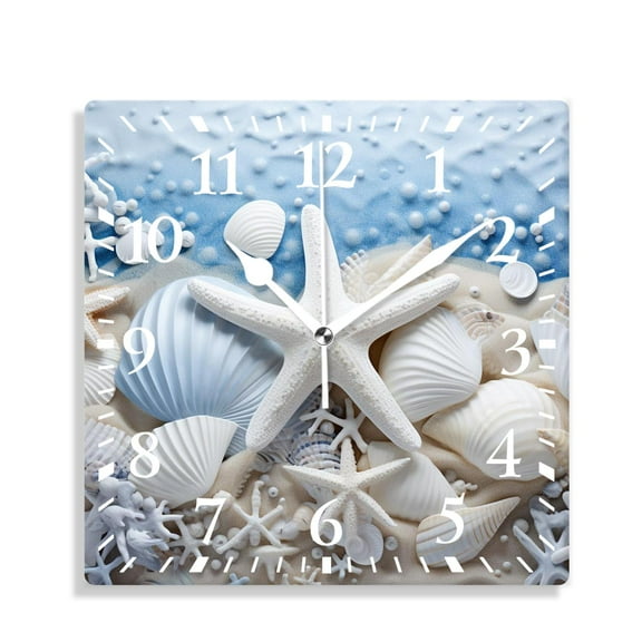 12 Inch Wall Clock Battery Operated Silent Clock Decorative for Office, Kitchen, Outdoor, Living Room，Cool Starfish Shell Beach Picture