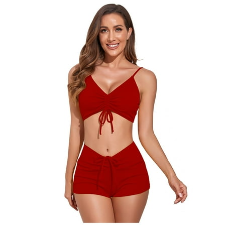 zuwimk Tankini Bathing Suits For Women Women Two Piece Vintage Swimsuit Retro Halter Ruched High Waist Bikini with Bottom  S