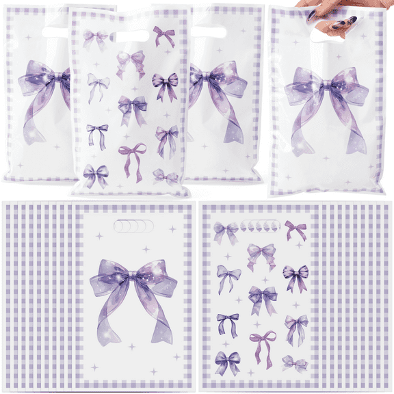 Laffact 50Pcs Purple BowParty Gift Bags,Coquette Bow Knot Goody Candy Gifts Bags with Handle for Birthday Wedding Bridal Shower