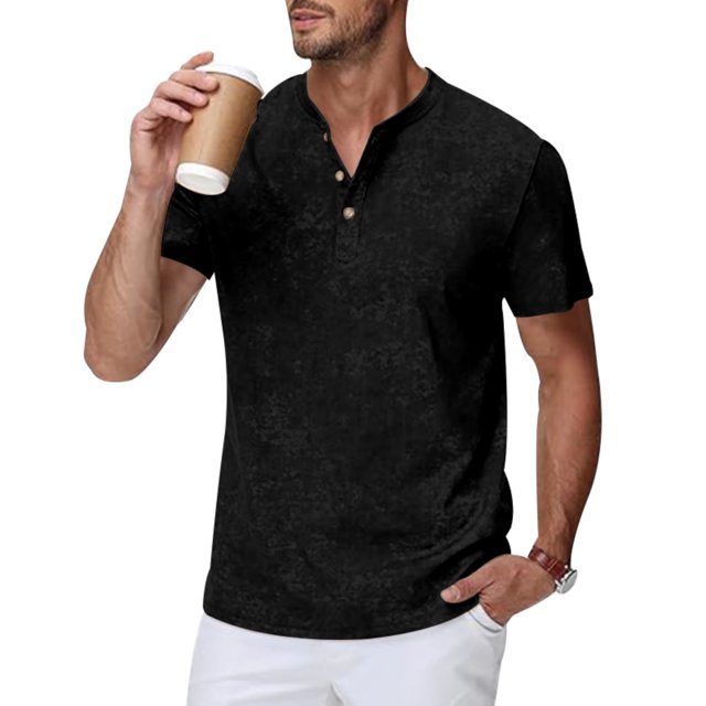 Playeras Elvqul Hombre Economicas Negro Manga Corta sin Estampado Cuello Redondo Botones