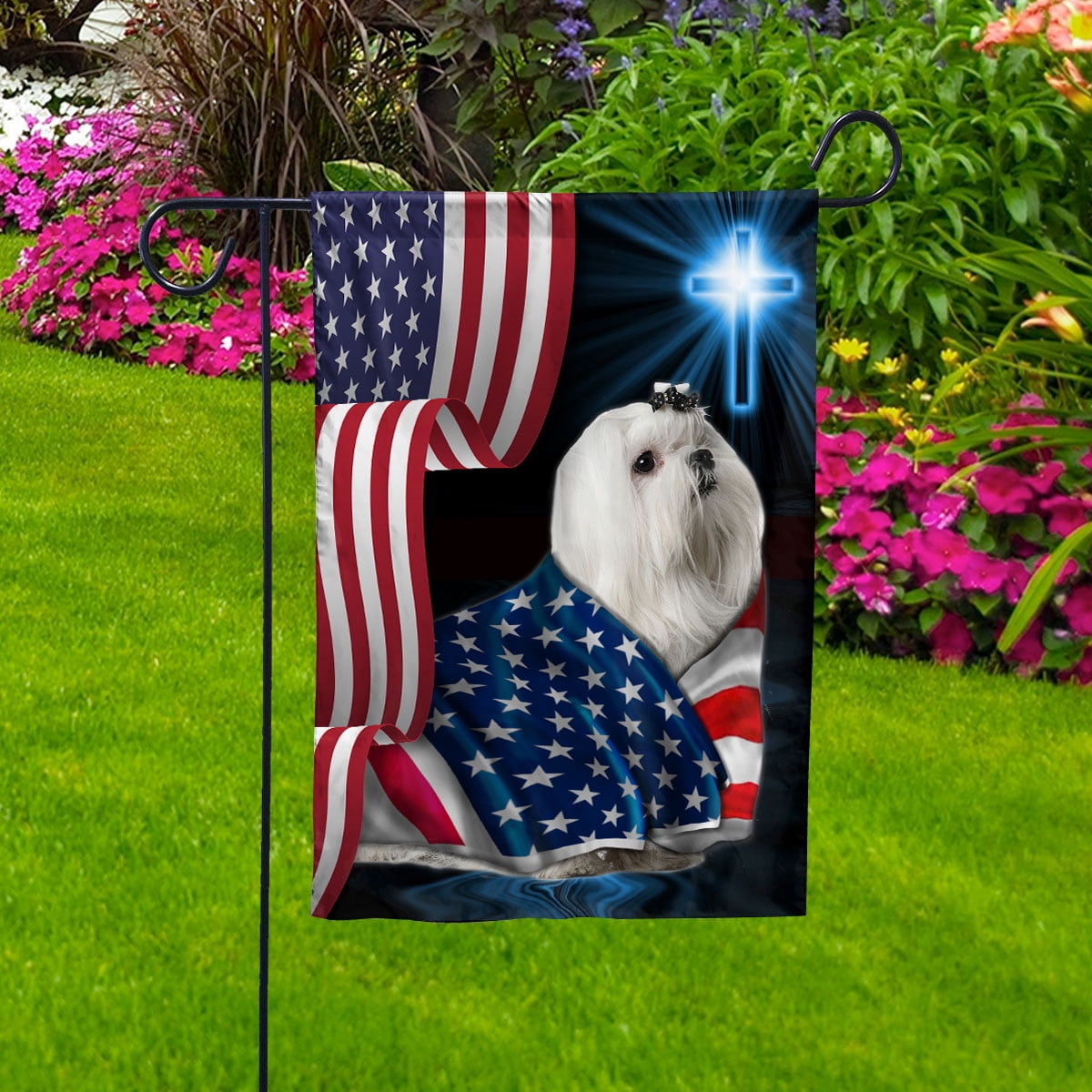 Maltese Dog Wearing Flag American Faith Cross 4th of july, Dog Decor American Flag House Flag, Double-Sided Decorative Outdoor Flag, Patriotic Polyester Yard Flag 29.5 x 39.5 in