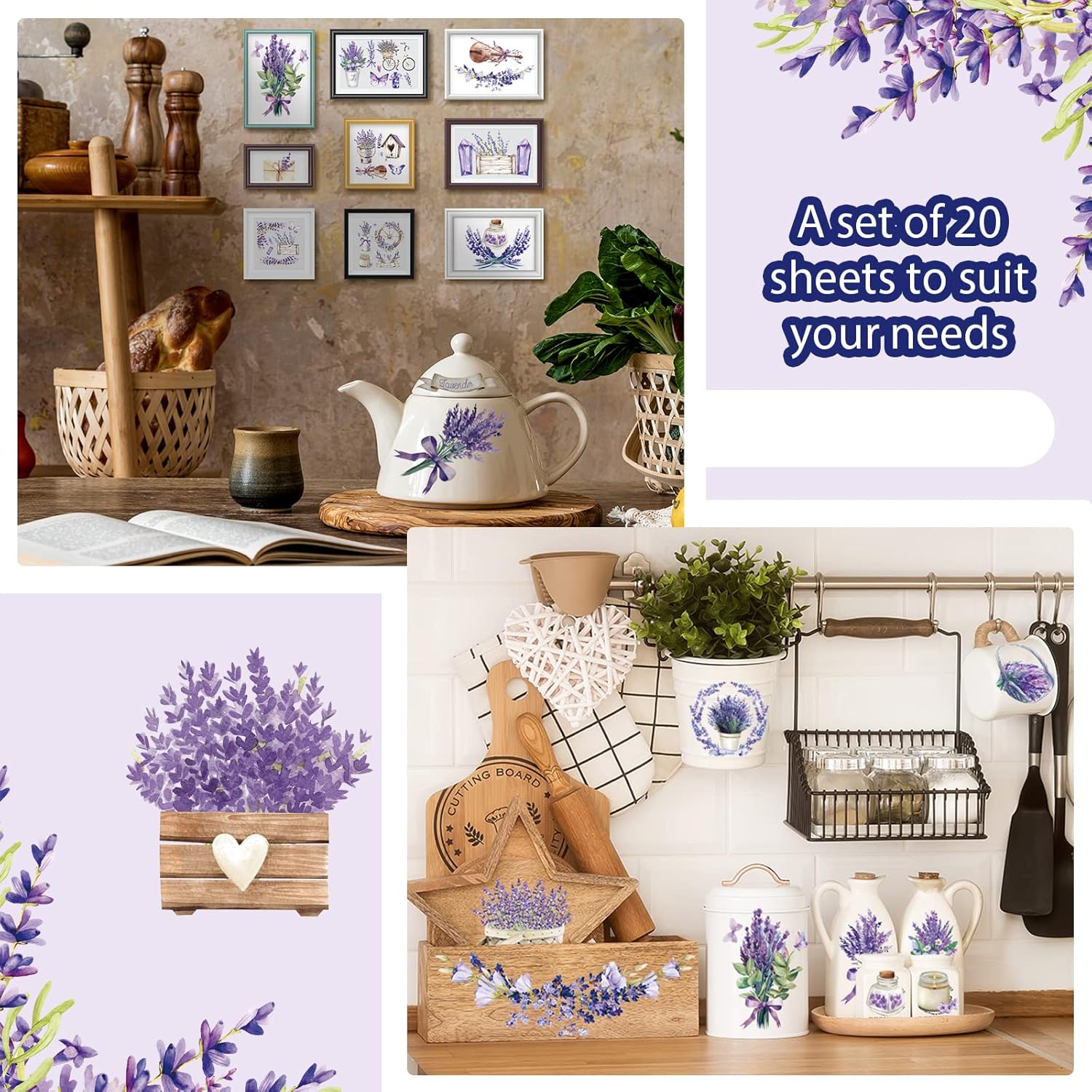 20 Sheets Lavender Rub on Transfers for Crafts and Furniture Purple Floral Rub on Transfers Stickers Vintage Flower Decals for DIY Wood Home Paper Decor, 5.9 x 5.9 Inch