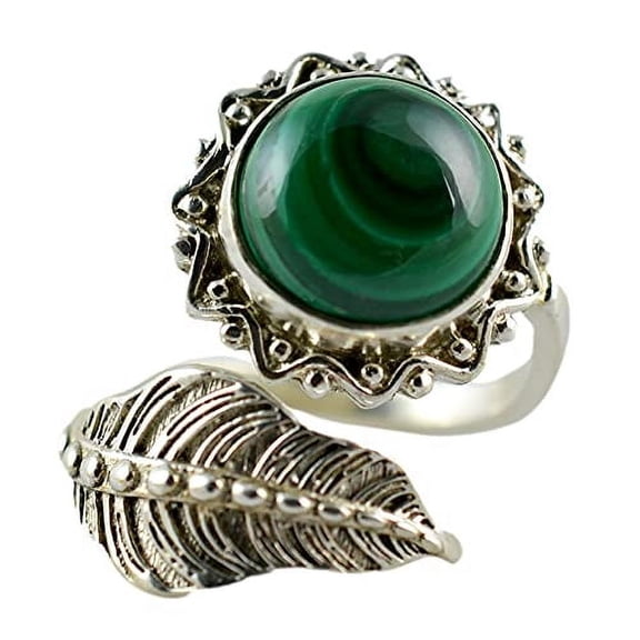 Malachite Round 925 Sterling Silver Handmade Women Statement Leaf Ring Size 8.5