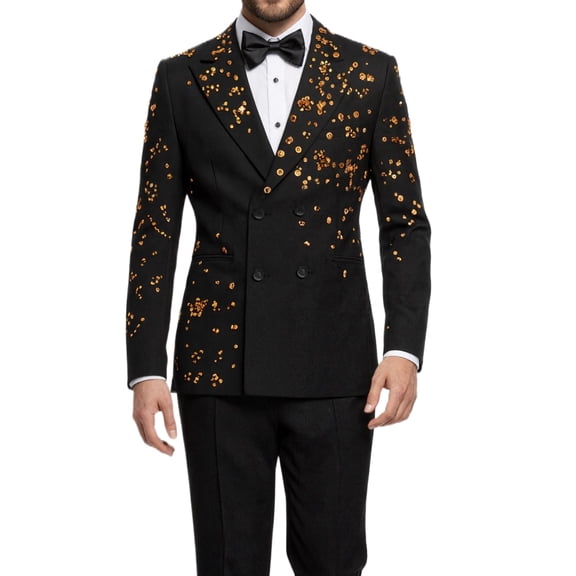 Beauty-Emily Men's Gold Foil Print Double-Breasted Suit Set – Slim Fit Two-Piece Blazer & Pants, Luxury Metallic Accent Formal Suit for Party, Wedding & Prom
