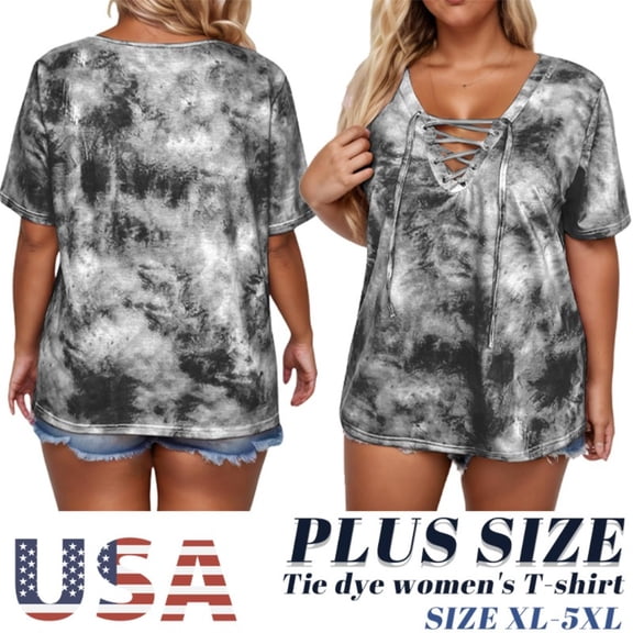 Womens Plus Size Summer Tops Casual Lace Up Front T Shirts Tie Dye V Neck Tees Trendy Short Sleeve Tunics XL-5XL