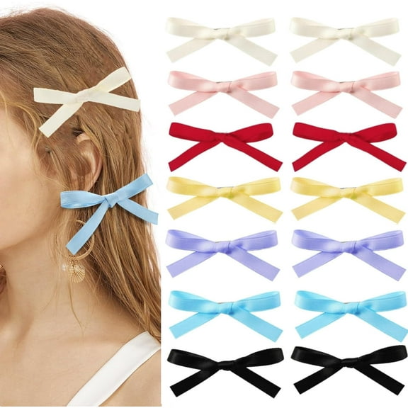 14pcs,Solid Color Ribbon Bow Hairpin Clips Mini Bow Alligator Hair Clips Cute Bowknot Barrettes Small Non-slip Hair Accessories Ponytail Barrettes Hair Bow For Adult Teens Women School