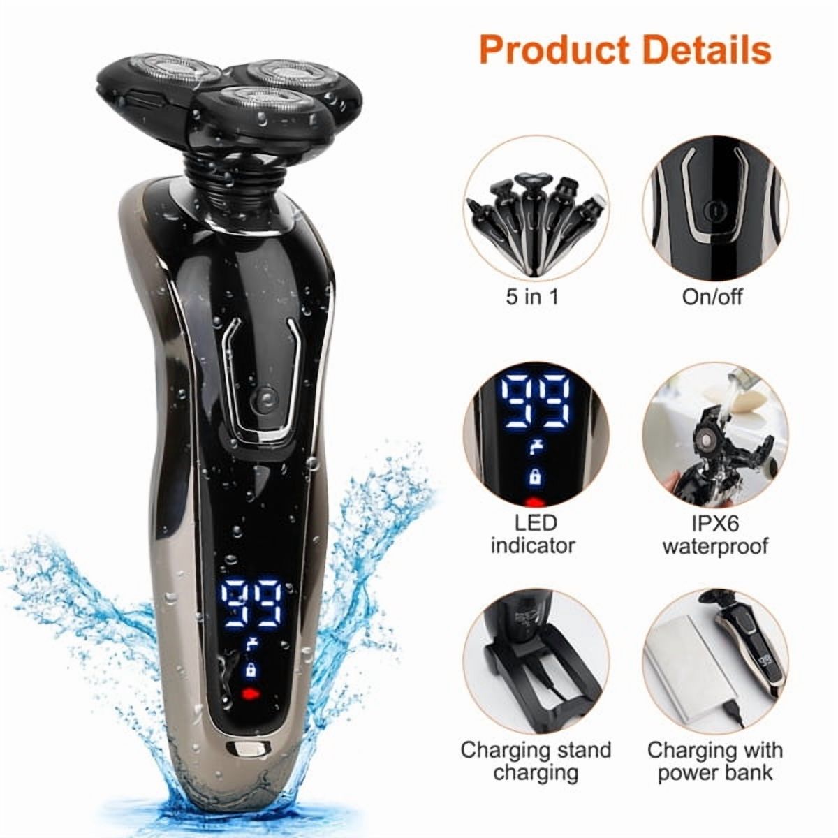5 in 1 Men's Grooming Kit w/ 3D Rotary Shaver, Nose Trimmer, Facial Brush, Precision Trimmer & Sponge - Black, IPX6 Waterproof, USB Rechargeable, Travel Ready