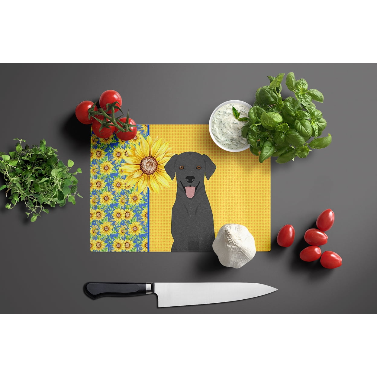 Carolines Treasures WDK5436LCB 15 x 12 in. Summer Sunflowers Black Labrador Retriever Glass Large Cutting Board