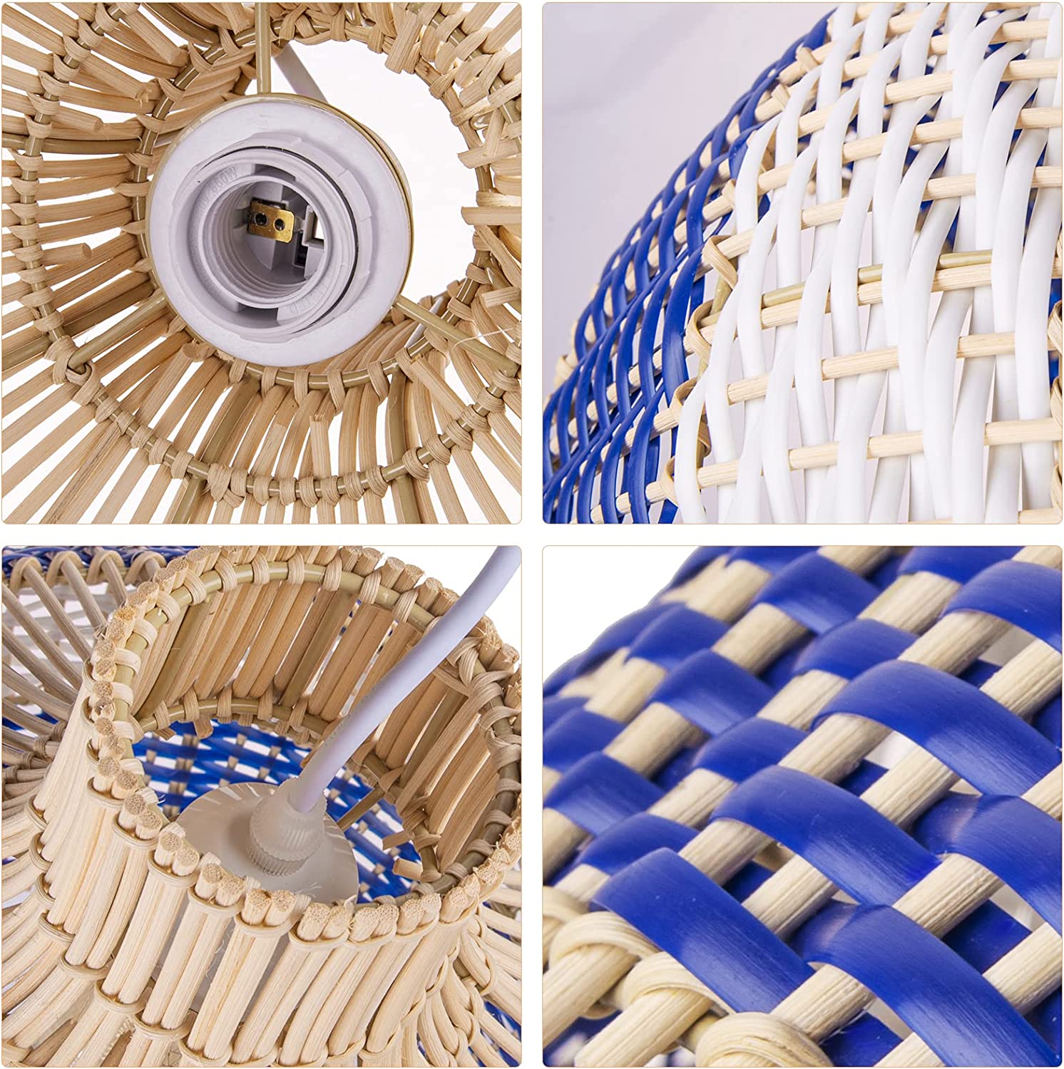 Arturesthome Hand-Woven Rattan Chandelier, Rattan Pendant Light Fixtures Ceiling, Wicker Hanging Lamp for Dining Room Bedroom Kitchen Island Blue