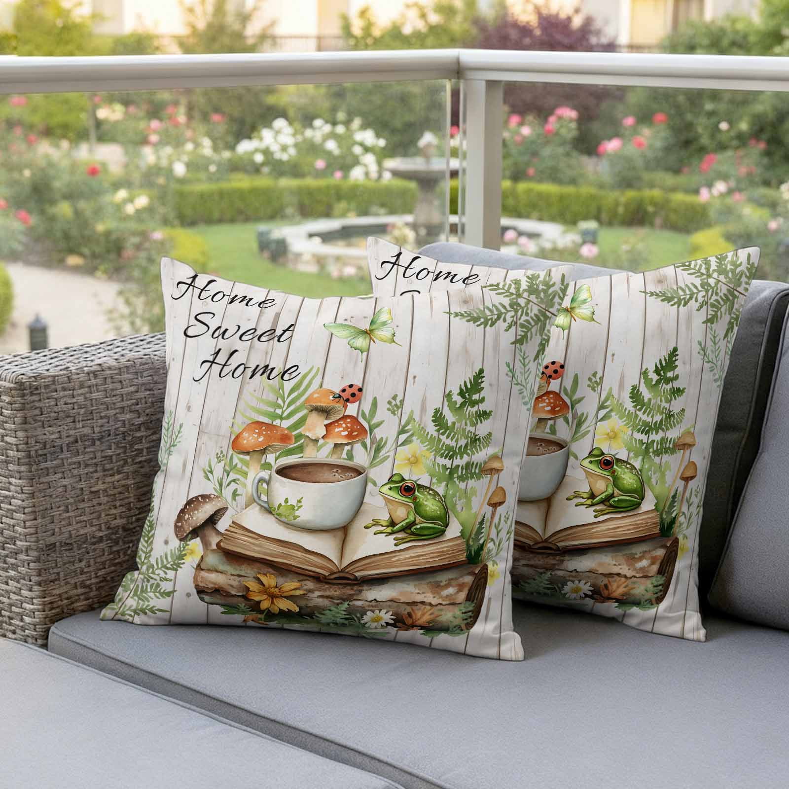 Pastoral Plant Pillow Covers 2 Pack Sweet Butterfly Coffee Book White Wood Pillowcase Waterproof Outdoor Throw Pillow Cover for Patio Garden Square Cushion 24”x24”