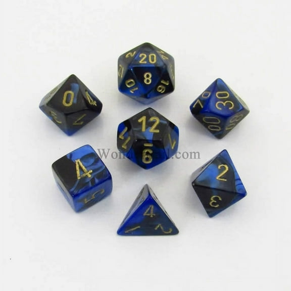 Black and Blue Gemini Dice with Gold Numbers 7 Dice Set 16mm (5/8in) Chessex