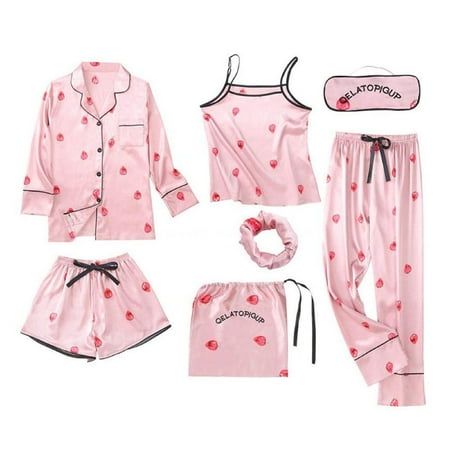 

Marsmo Pajamas Women Nightgown 7Pcs Set Shirt Camisole Long Pants Short Pants Headband Elegant Sexy Suitable Home Robe Theme Party Pajamas L