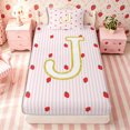 thumbnail image 4 of Meiyoeat Cute Gold Letter J Twin Sheets 3pcs, Strawberry Stripe Print Bedding, Pink Red, 4 of 6