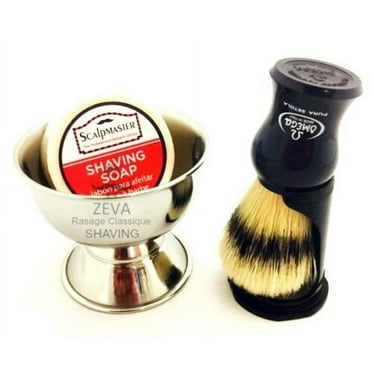 OMEGA BLUE SHAVING BRUSH WITH DRIP STAND SOAP BOWL COMPLETE GIFT SET FOR MEN