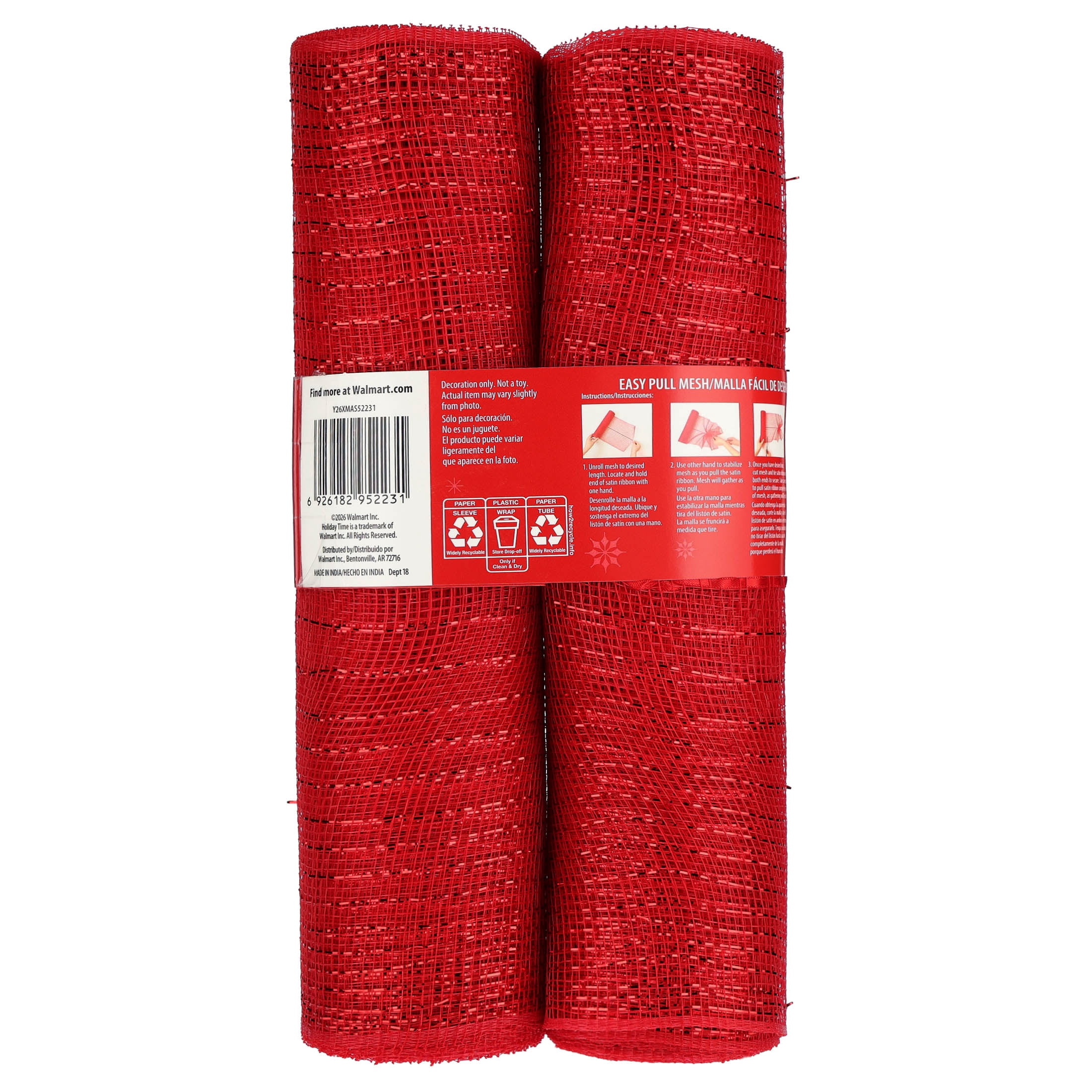Red Decorative Mesh Fabric, 10.5" x 18', 2 Count, by Holiday Time