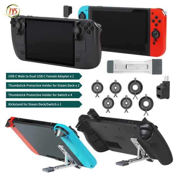 JYS Thumbstick Protector Kit with Back Kickstand & L-Shaped USB-C Charging Adapter Compatible with Steam Deck, Switch OLED & Switch Lite Gaming Accessories