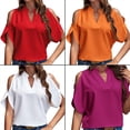 thumbnail image 3 of Summer womens V-neck Top Loose T-shirt Temperament Fashion Strapless Sleeve-Red（L）, 3 of 3