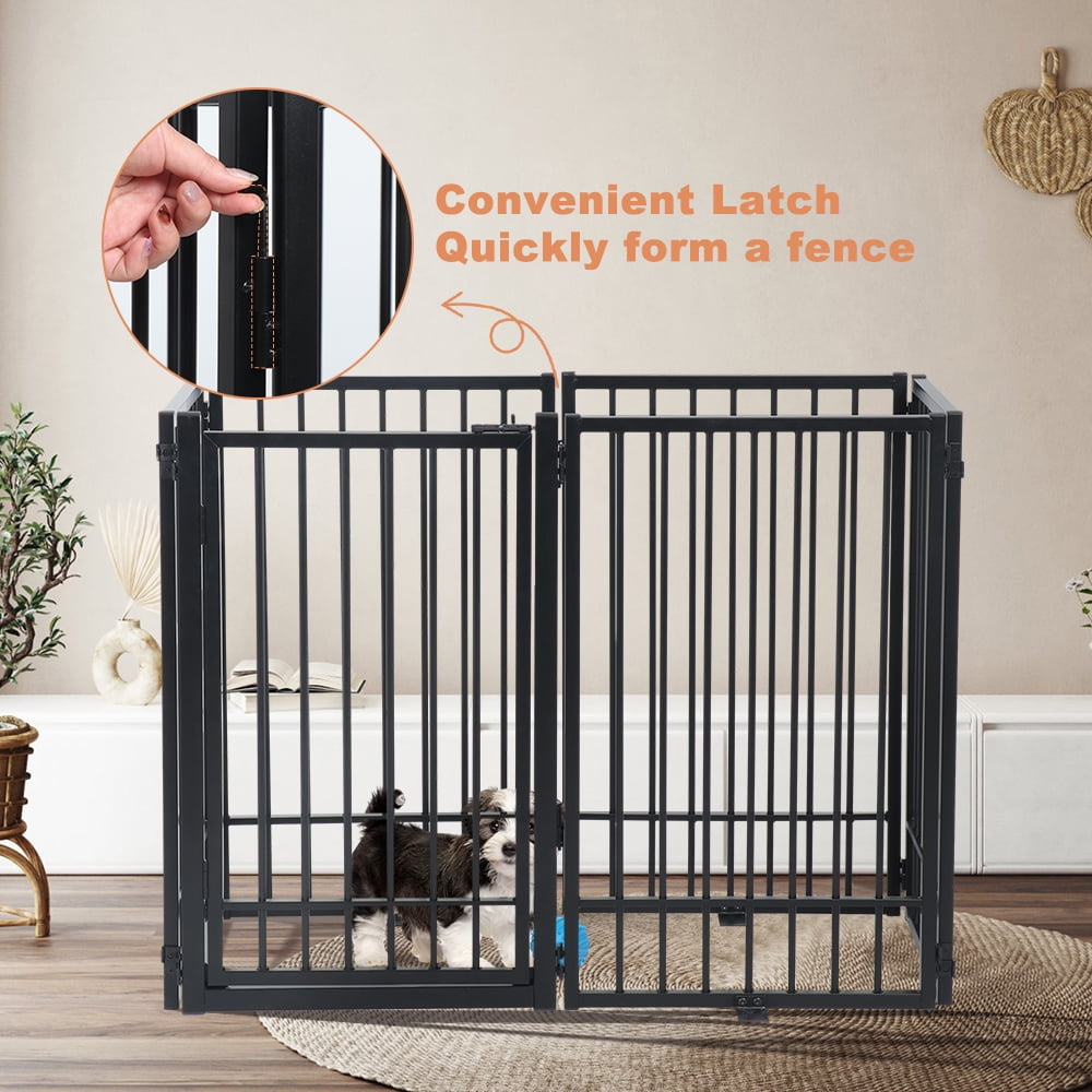 SMONTER Free Standing Dog Gate with Door Walk Through, 120'' Extra Wide Indoor Dog Fence, 31.5'' Height 6 Panels Foldable Metal Pet Puppy Gate for Stairs, Hallways, Doorway