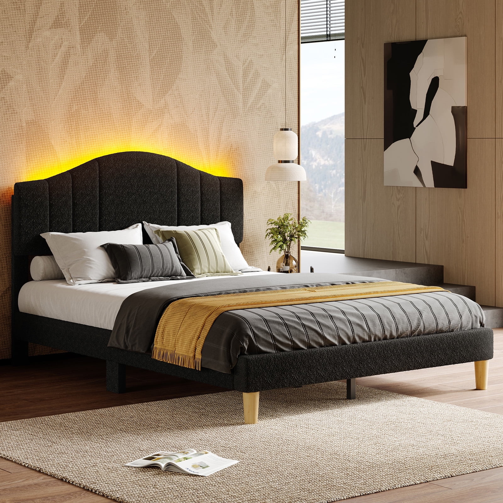 Pinmoco Full Upholstered Bed Frame with Adjustable Arc-shaped Headboard, LED Platform Bed, Teddy Velvet Black