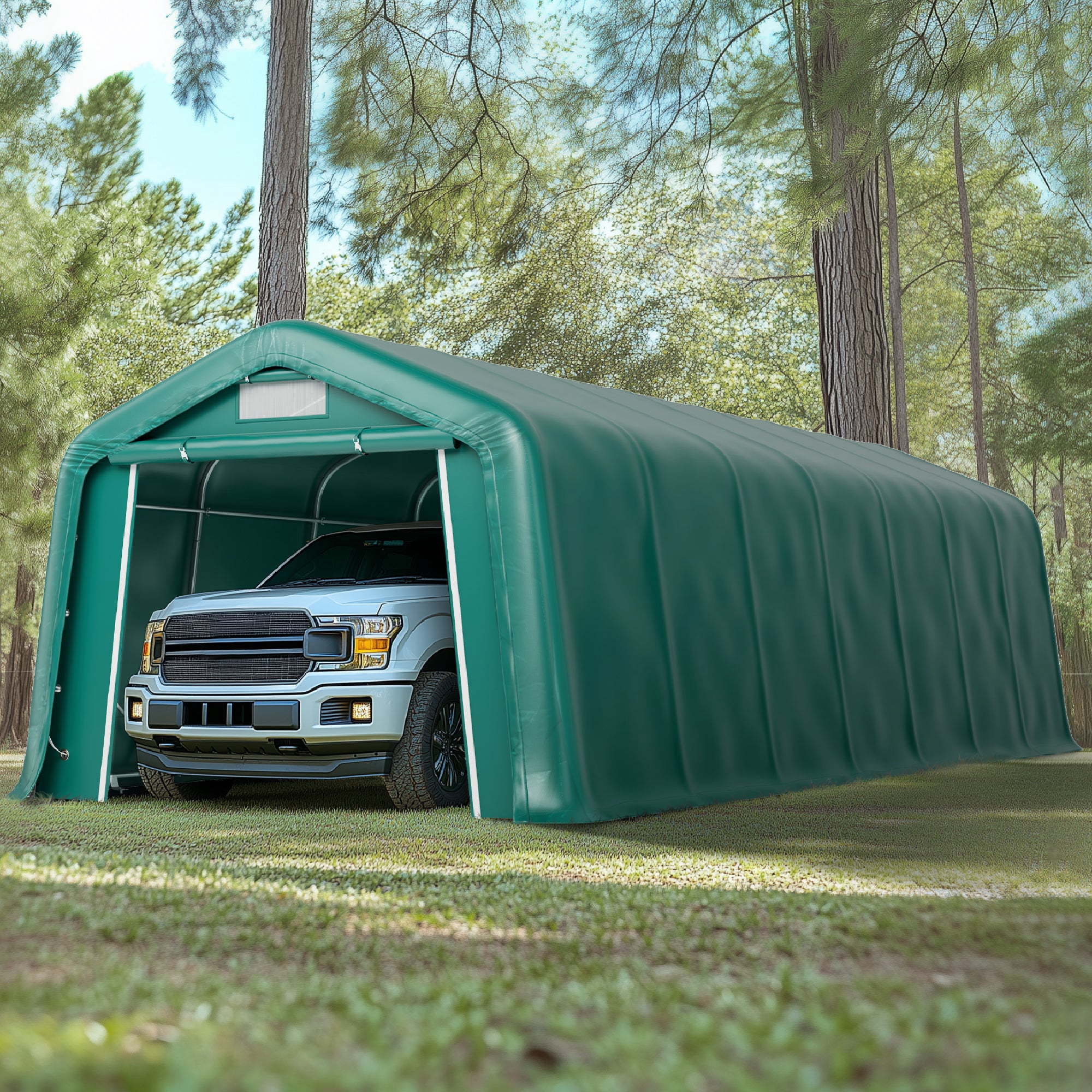 11 x 28 x 8.4 FT Green Outdoor Portable Storage Shed, Steel Peak Style Canopy Carport, All-Weather Agricultural Outdoor Storage Shelter Tent