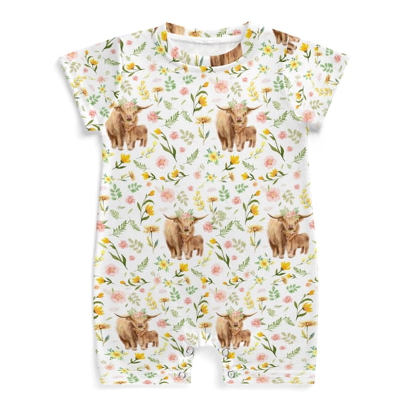 Highland Cow Boho Flowers Baby Romper Boy Girl Retro Floral Short Sleeve Baby Jumpsuit Cozy Baby Bodysuit