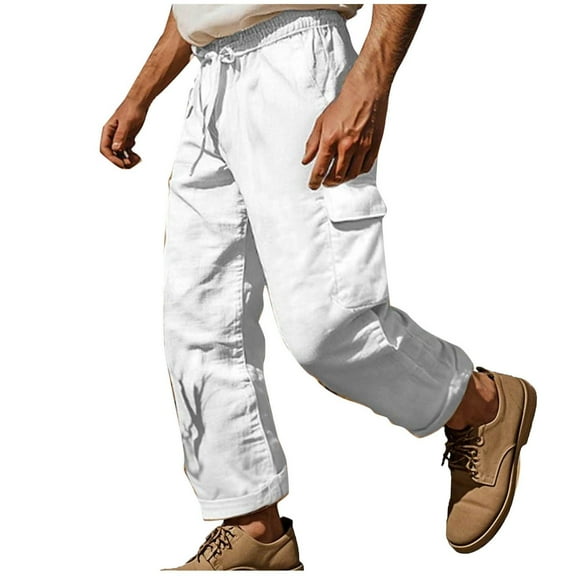 hotojiny Men's Cargo Pants Lightweight Cotton Linen Loose Fit Work Pants Fashion Drawstring Outdoor Trousers with Pockets