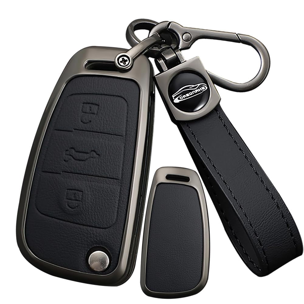 Flip Key Fob Cover Case Metal & Leather Compatible with Audi A1 A3 A4 A6 A8 Quattro Q3 Q7 S3 S6 RS3 RS6 R8 TT TTS Keyless