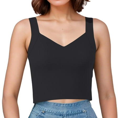 XADYUY Tank Top with Built In Bra Padded Double Lined V Neck Shapewear Sleeveless Slim Fit Summer Workout Tops Basic Crop Workout Tank Tops Black One Size