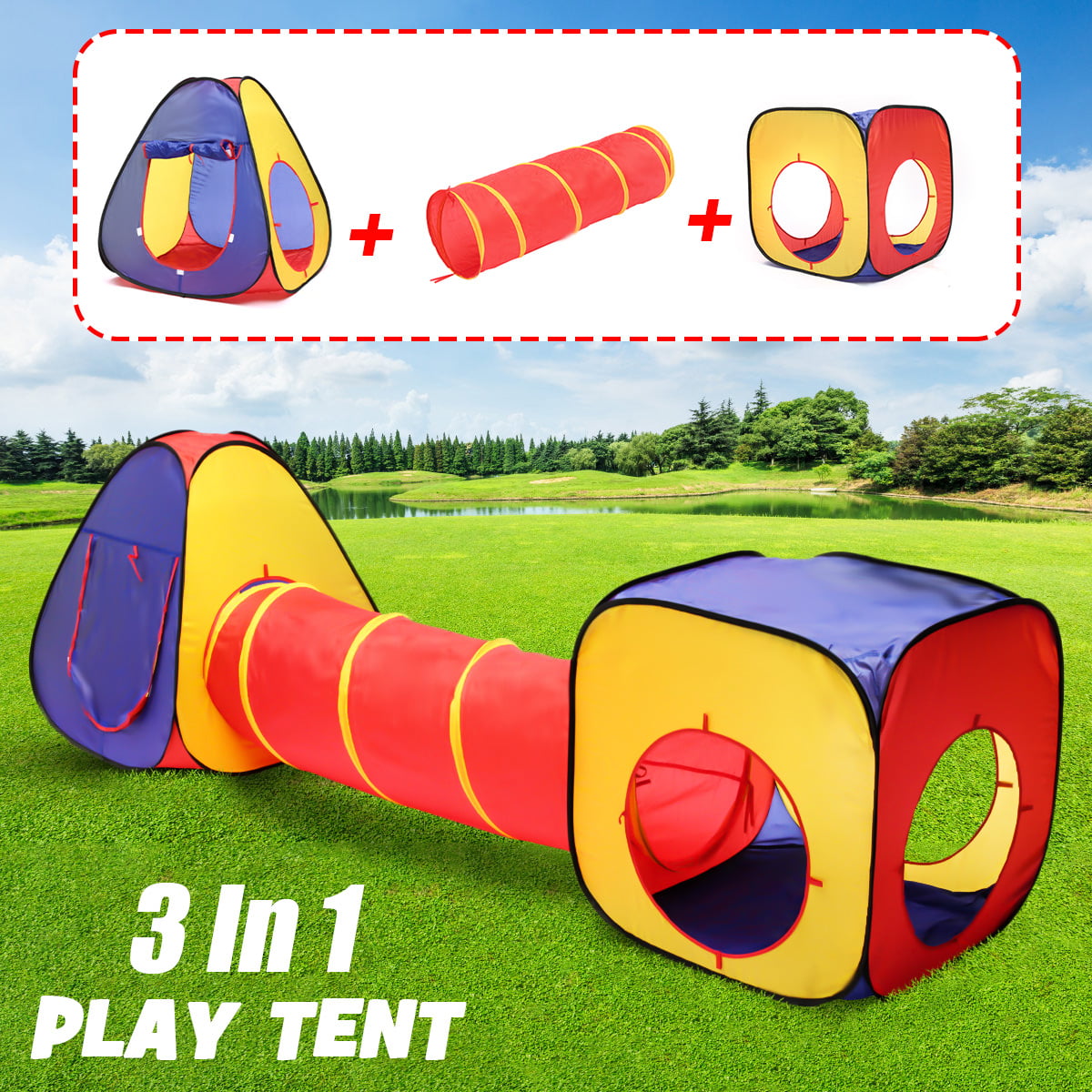 Pop Up Play Tent Tunnel 3 in 1 Ball Pit Tent for Children Indoor/Outdoor/Garden Playhouse Girls Boys Peradix Baby Kids Play Tunnel Tent