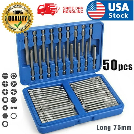 

AOK USA 50Pcs Extra Long Security Bits Hex Torx Star Spline Flat Screwdriver Bit Set