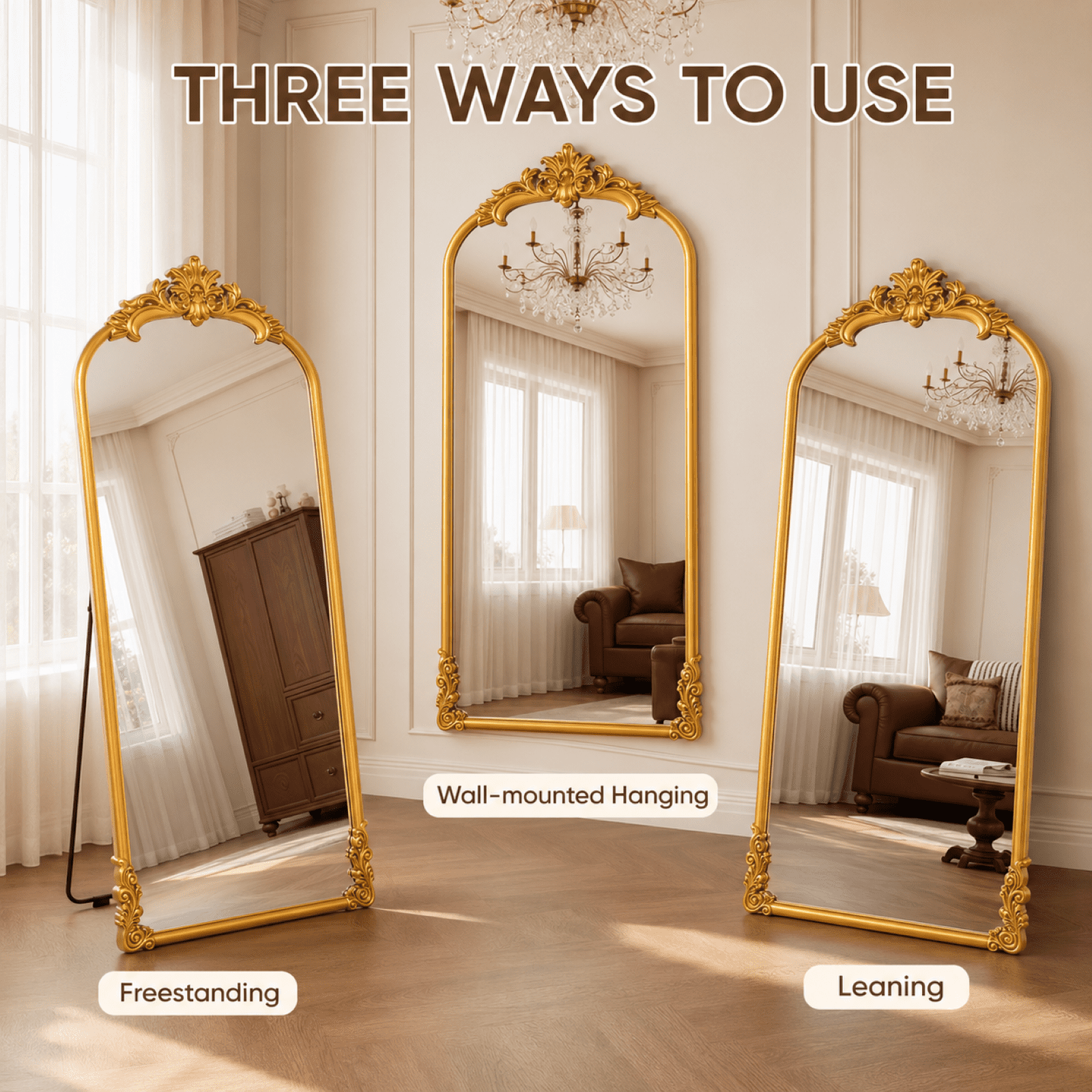 EVARNIO 69"x28" Vintage Full Length Mirror Arched Floor Mirror Baroque Style Wall Mounted Mirror Ornate Decor Mirror with Stand, Gold