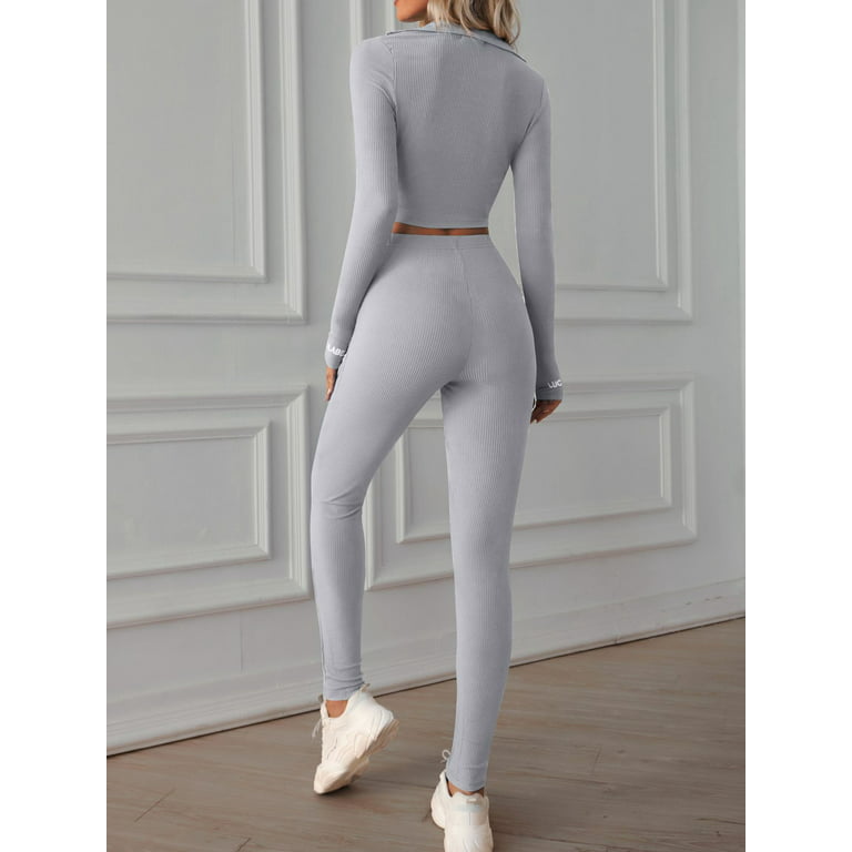 CUE AIR Women's Half Zip Wide Waistband Sports Set Solid Long Sleeve Crop  and Leggings Suit 