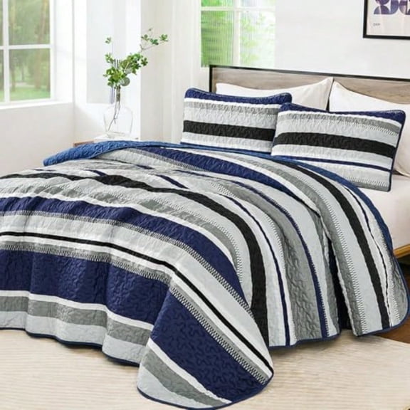 Quilts Queen Size Navy Blue Quilt Bedspread Bedding Set Summer Queen Coverlet Sets with Shams 3 Pieces Lightweight Striped Quilt for Bed 96x 90