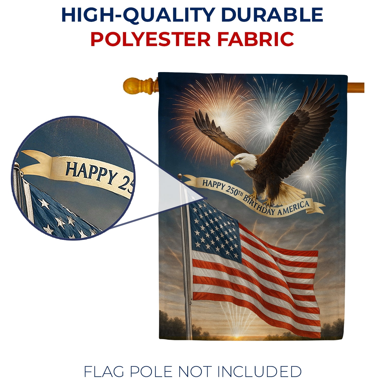 America Forever Happy 250th Birthday America House Flag, 28 x 40 inch Double Sided, Bald Eagle American Flag Fireworks, USA Semiquincentennial Patriotic Celebration