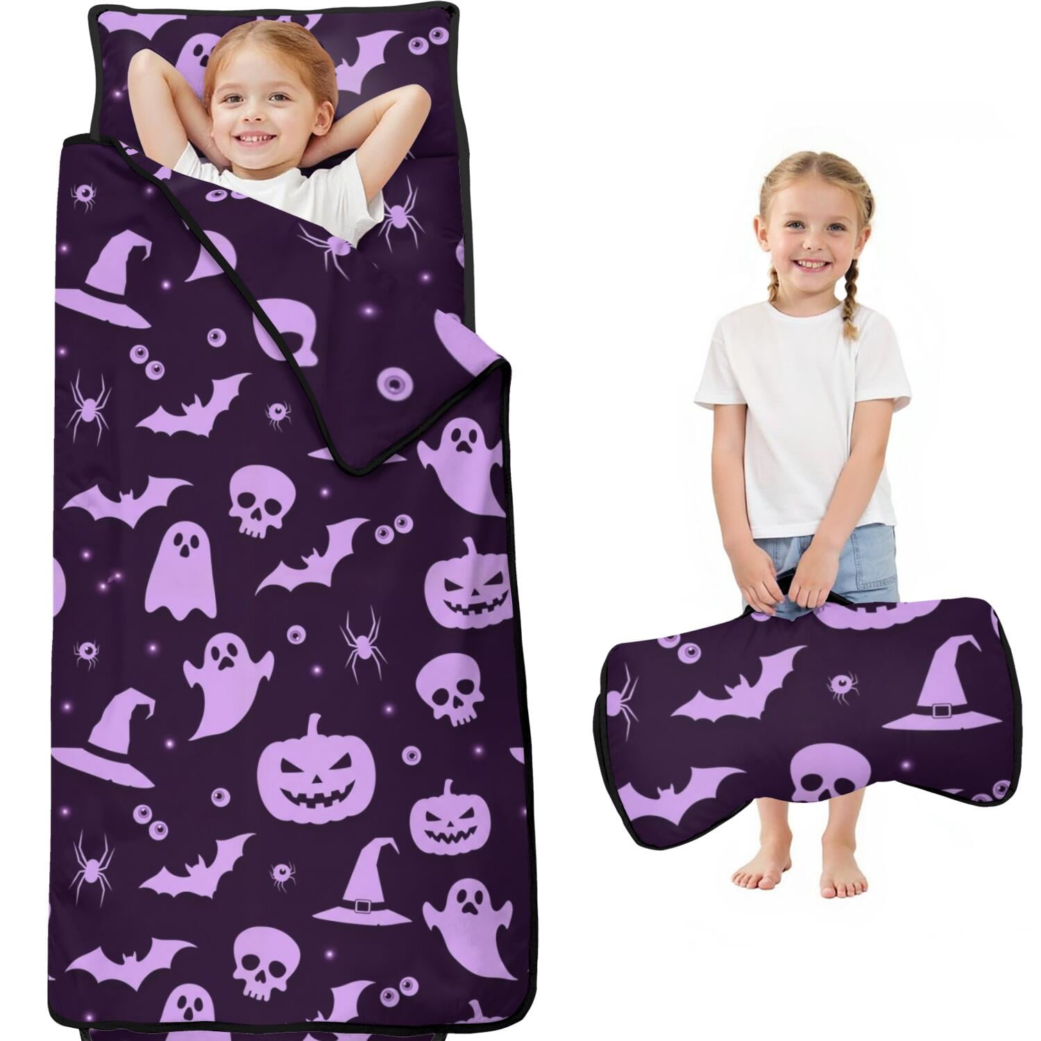 Halloween Purple Spooky Icons Kids Nap Mat Preschool Sleeping Pad with Handle & Fastening Straps Portable with Handle Gifts for Daycare Preschool 60 x20