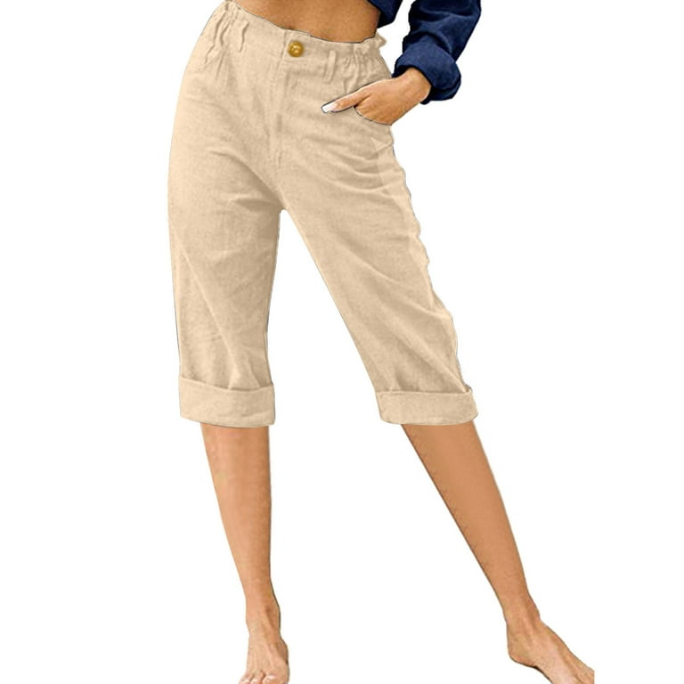 Frontwalk Ladies Cropped Pant High Waist Capri Pants Button Capris Women  Baggy Trousers Solid Color Bottoms Apricot XL