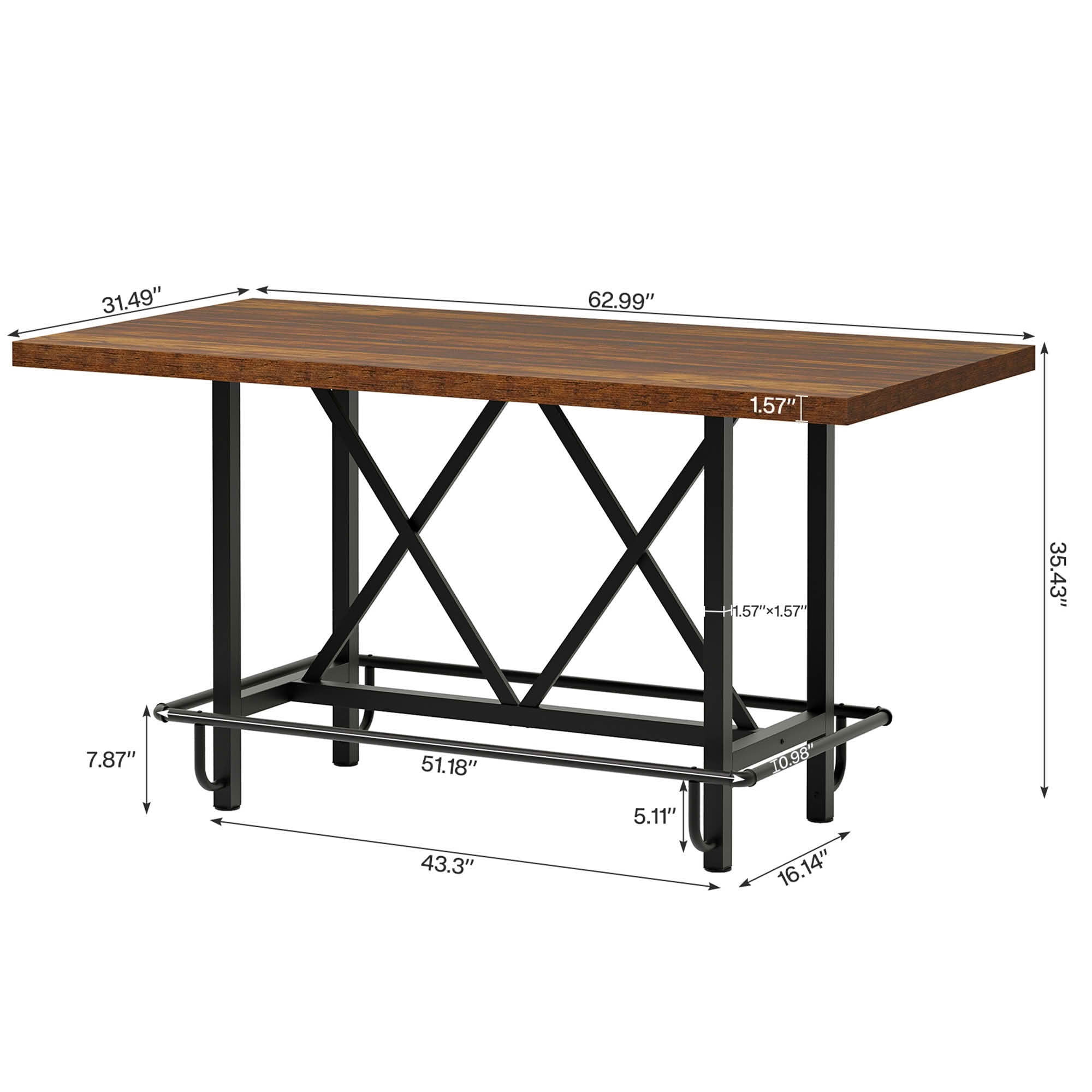 MAYEERTY 63 Inch Counter Height Rectangular Dining Table, Rustic Wood Metal Table Seats 6 for Kitchen Home